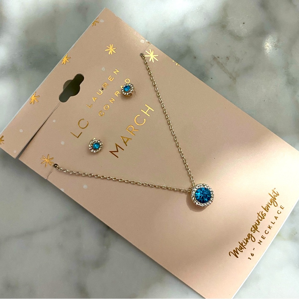 LC Lauren Conrad Gold Necklace and Earring Set with Blue Stones! March